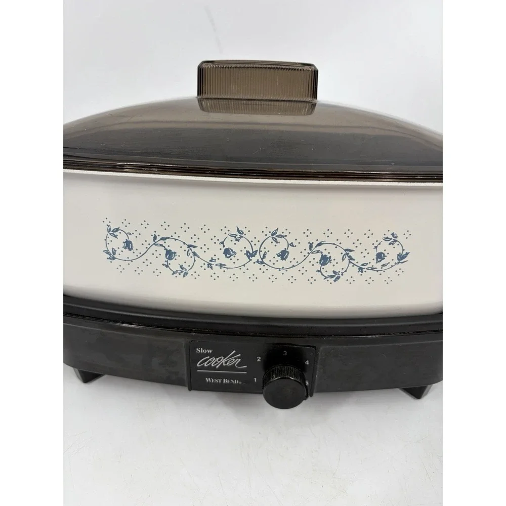 Vtg West Bend Model  4 Quart Slow Cooker Plastic Lid blue flowers WORKS